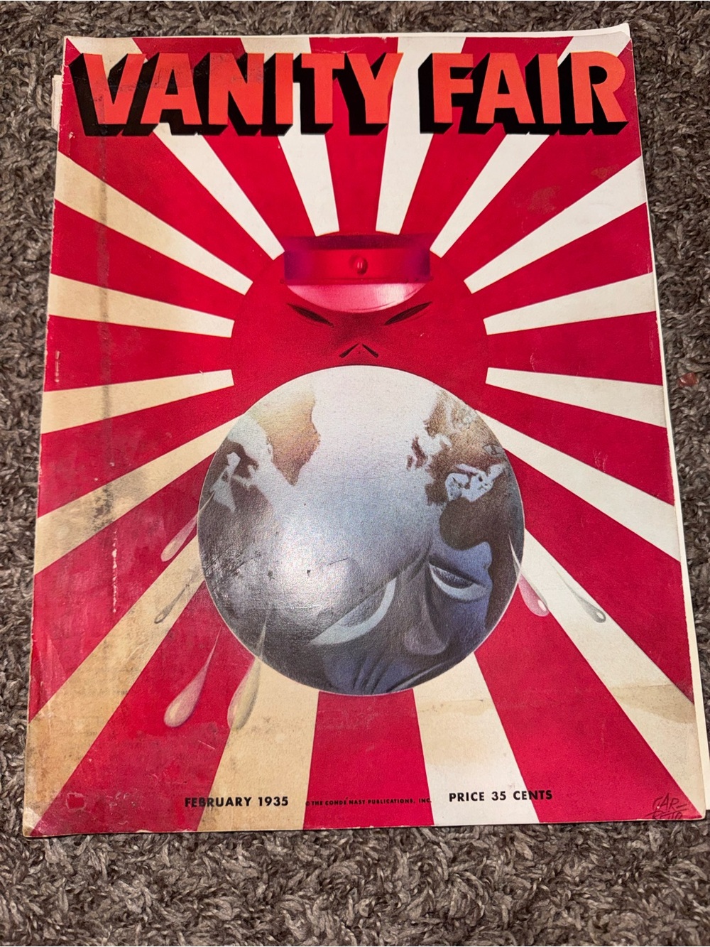 Vanity Fair Bold Red and White Radiant Globe Art Print February 1935 Vintage